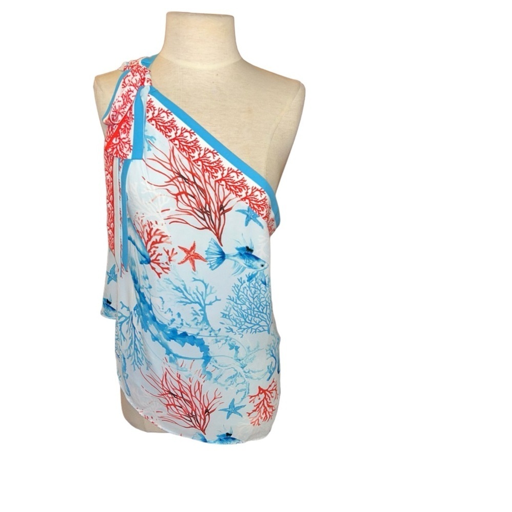 White House Black Market Coral/Jellyfish Print One Shoulder Tie Top blouse M